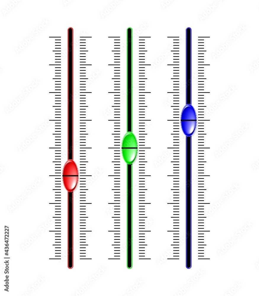 Schieberegler an einem Mischpult, Rot, Grün und Blau Schieberegler an einem Mischpult, Rot, Grün und Blau