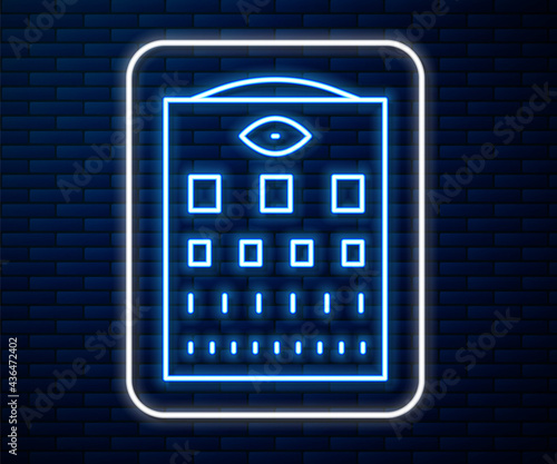 Glowing neon line Eye test chart icon isolated on brick wall background. Poster for vision testing in ophthalmic study. Snellen chart. Vector