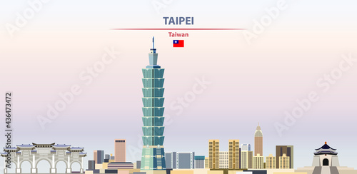 Taipei, cityscape on sunset sky background vector illustration with country and city name and with flag of Taiwan