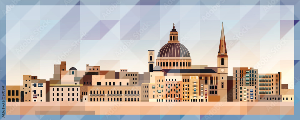 Valletta skyline vector colorful poster on beautiful triangular texture background - obrazy, fototapety, plakaty 