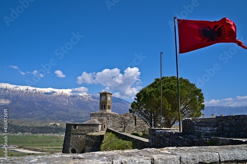 Inside the castle of Gjirokastra with view on the clocktower photo