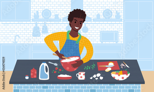 Young smiling african man preparing a meal. Flat style vector illustration. ration.