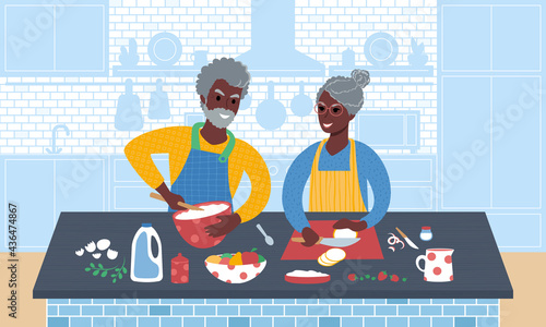 Happy senior african couple cooking a meal together. Flat style vector Illustration.