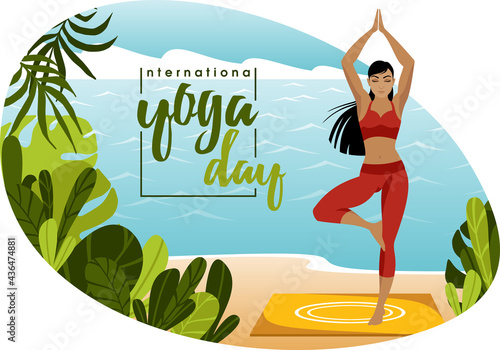 Illustration for international yoga day 21 June. A young woman in a yoga pose stands against the backdrop of the ocean. Vector illustration.