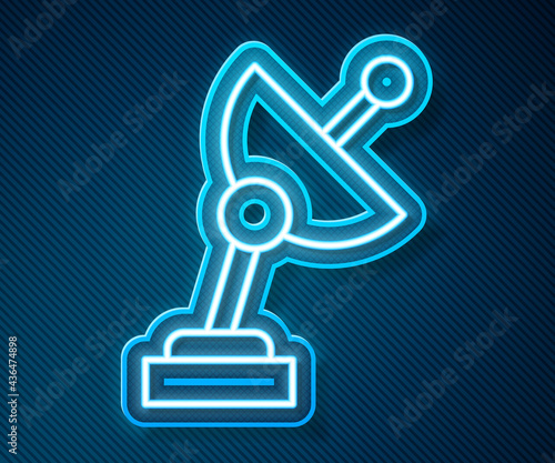Glowing neon line Radar icon isolated on blue background. Search system. Satellite sign. Vector