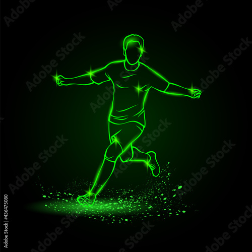 Goalscorer celebrating a goal. Football player winning soccer tournament and running with arms outstretched.