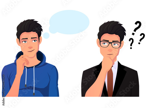 Confused Man Wearing Suit And Thinking while looking in the air. Man wearing a hoodie and thinking of new ideas. Premium Vector