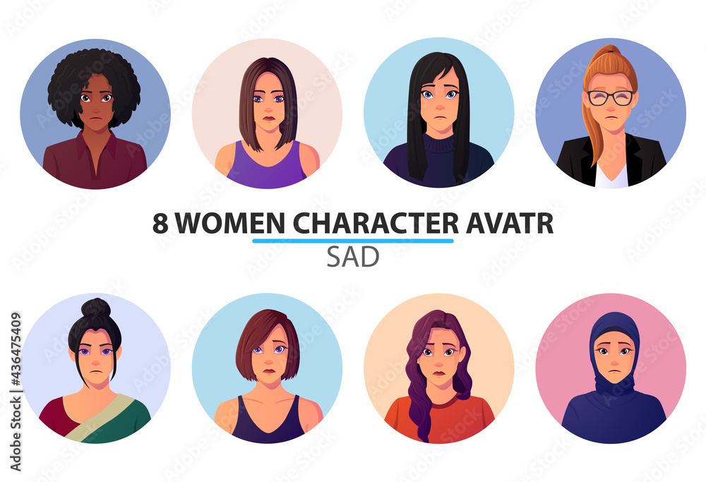 Set of different sad women avatars and portrait, People Profile with negative emotion Premium Vector. Set of different sad women avatars and portrait, People Profile with negative emotion Premium Vector.