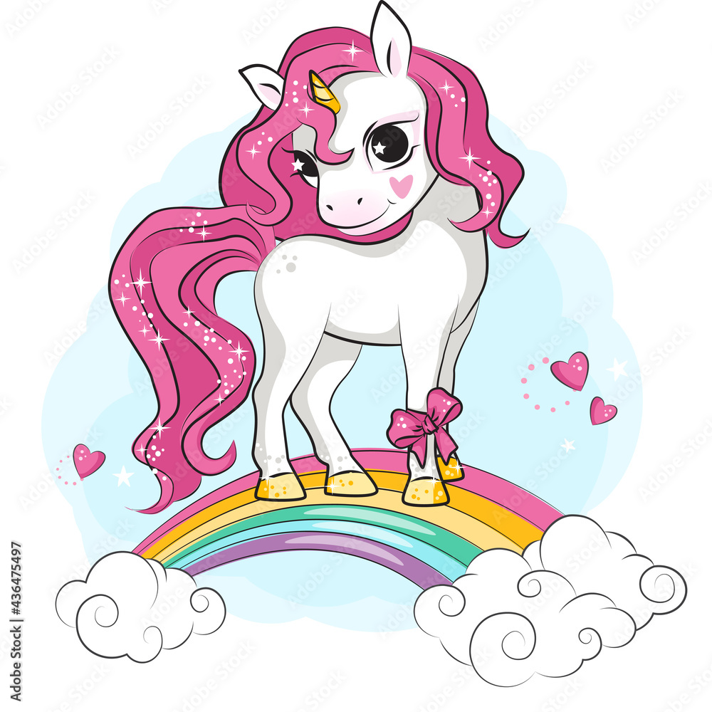 Obraz premium Cute smiling unicorn with pink bow on its leg.Rainbow and clouds. Beautiful picture for your design.