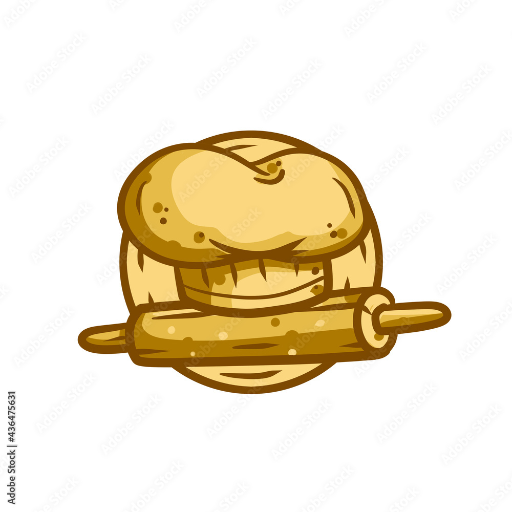 Logo of the bakery. Kitchen utensils - Rolling pin. Preparation of the dough. Wooden stick and chef hat. Retro emblem. Cartoon illustration. Logo of the bakery. Kitchen utensils - Rolling pin. Preparation of the dough. Wooden stick and chef hat. Retro emblem. Cartoon illustration.
