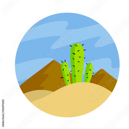 Cactus in the desert. Green succulent. Element of the southern tropical summer landscape. Flat cartoon illustration. Big Mexican plant