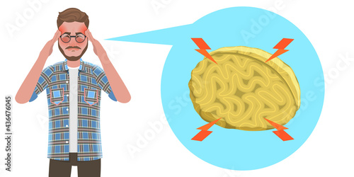 3D Vector Conceptual Illustration of Man Suffering From Migraine, Grimace of Severe Headache
