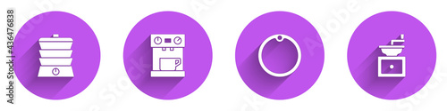 Set Slow cooker, Coffee machine, Cutting board and Manual coffee grinder icon with long shadow. Vector