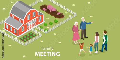 3D Isometric Flat Vector Conceptual Illustration of Family Meeting, Visiting Grandparents in Country House
