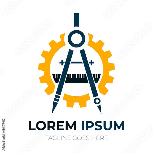 Logo descriptive geometry, engeneering graphics and mechanical drawing. Vector compass, ruler and cogwheel
