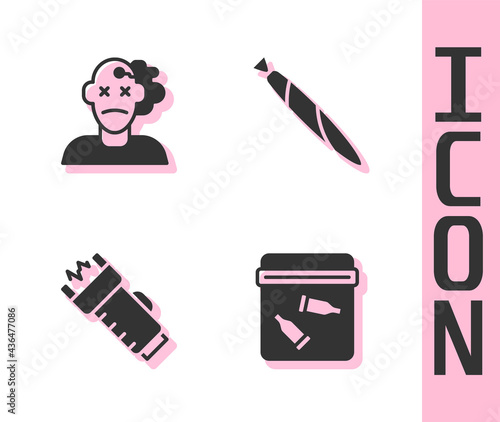 Set Evidence bag with bullet, Murder, Police electric shocker and Marijuana joint icon. Vector