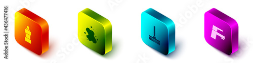 Set Isometric Bottle for cleaning agent, Water spill, Handle broom and tap icon. Vector