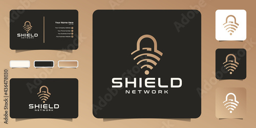 Abstract shield, wifi signal and padlock, logo design icon and business card