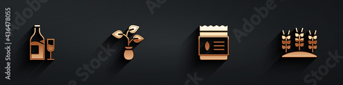 Set Wine bottle with glass, Plant, Pack full of seeds of plant and Wheat icon with long shadow. Vector