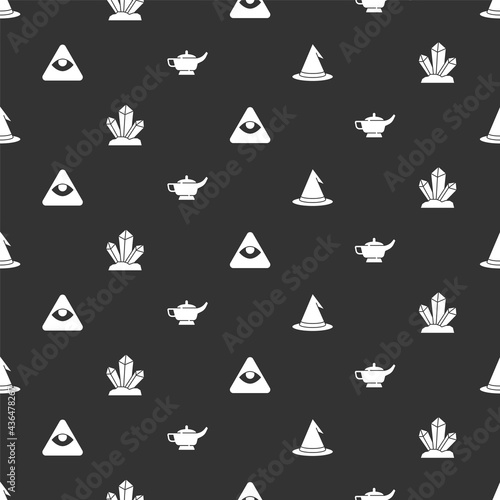 Set Witch hat, Magic stone, Masons and lamp or Aladdin on seamless pattern. Vector