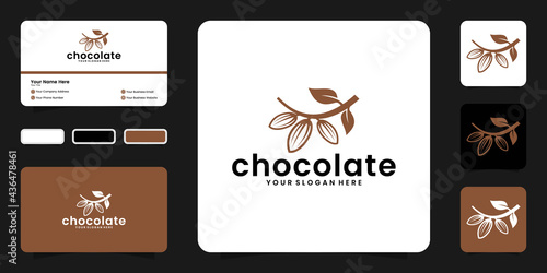 Chocolate, cocoa pods hanging on branches, logo template. Cocoa beans, cocoa beans and cocoa plants and business card inspiration