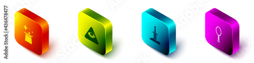 Set Isometric Magic hat, Masons, Sword in the stone and hand mirror icon. Vector
