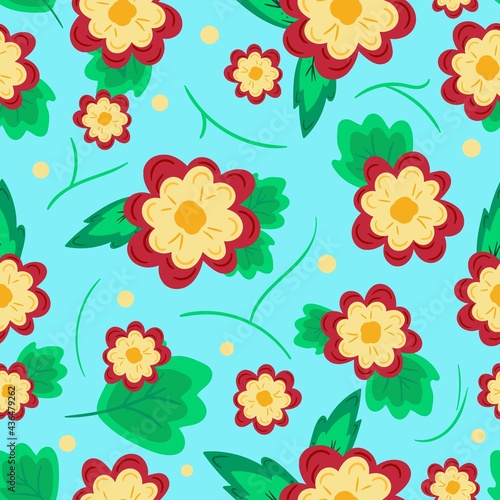 Colorful summer seamless pattern with flowers and leaves. Vector illustration in flat style. 