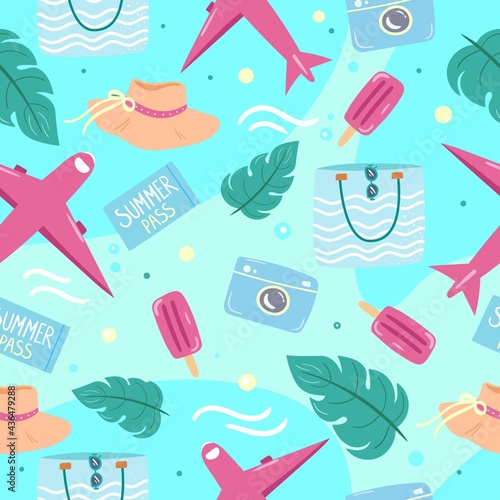Colorful summer pattern with planes, beach bag, icecream and different vacation accessories. Seamless background in flat style. Vector illustration. 