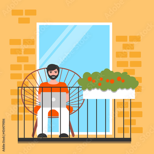 The concept of social isolation during the coronavirus pandemic. Man working on balconie vector illustration in flat style.