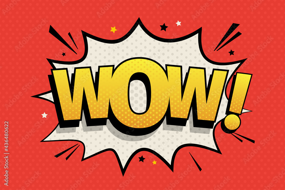 Wow. Comic speech bubble text on bright background. Vector cartoon illustration in pop-art style. Wow. Comic speech bubble text on bright background. Vector cartoon illustration in pop-art style.