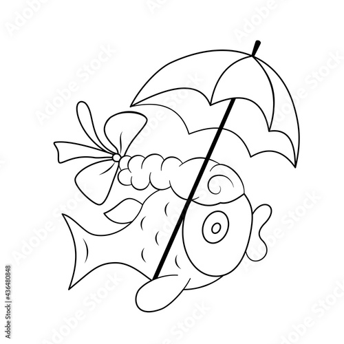 Cartoon outline fish with umbrella for coloring. Beautiful braid with a bow. Funny aquarium dweller drawn by hand in vector. Sea and ocean life. Cute character for children illustrations, preschool.