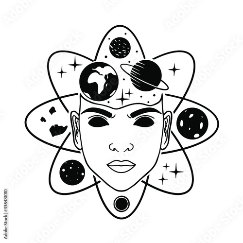 Human face with planets. Space boho art. For cutting and printing