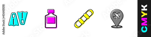 Set Rubber flippers for swimming, Whiskey bottle, Snowboard and Plane icon. Vector