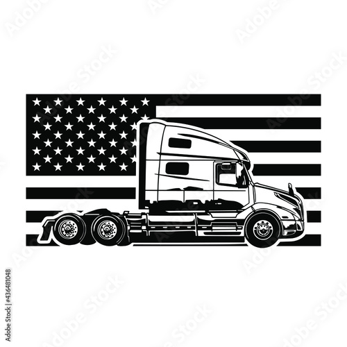 American semi-truck on the background of the American flag. Vector illustration for printing and cutting