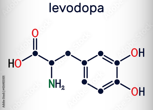 l-DOPA, levodopa molecule. It is an amino acid, is used to increase dopamine concentrations in the treatment of Parkinson's disease. Skeletal chemical formula