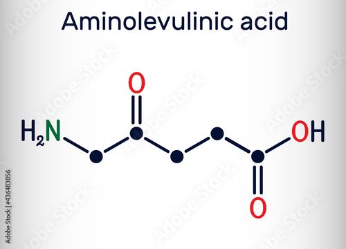 Aminolevulinic acid, δ-Aminolevulinic acid, dALA, δ-ALA, 5ALA molecule. It is an endogenous non-proteinogenic amino acid. Skeletal chemical formula
