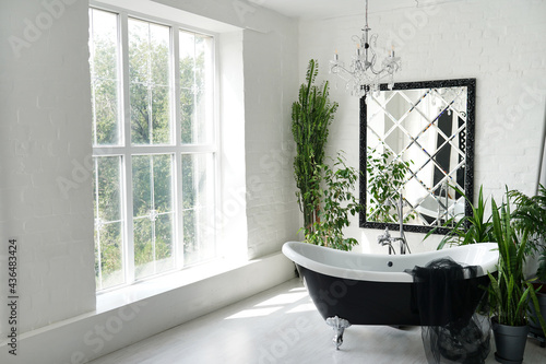Luxury bathroom with big mirror and green plants in old house