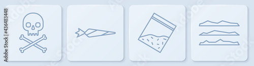 Set line Skull on crossbones, Plastic bag of drug, Marijuana joint and Cocaine or heroin drug. White square button. Vector