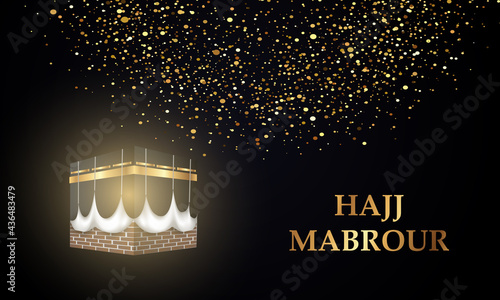 Islamic pilgrimage to Mecca. Translation: Muslim holiday hajj pilgrimage. Vector illustration realistic