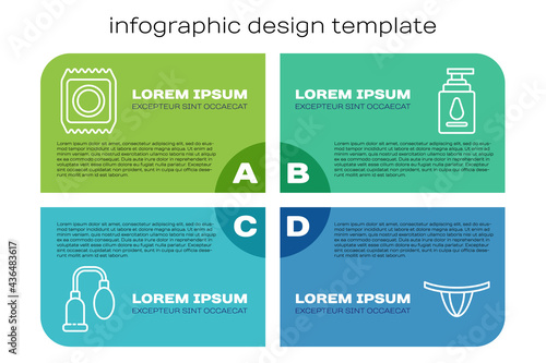 Set line Penis pump, Condom in package safe sex, Woman panties and Personal lubricant. Business infographic template. Vector