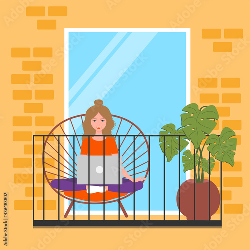 The concept of social isolation during the coronavirus pandemic. Woman, girl working on balconie vector illustration in flat style.