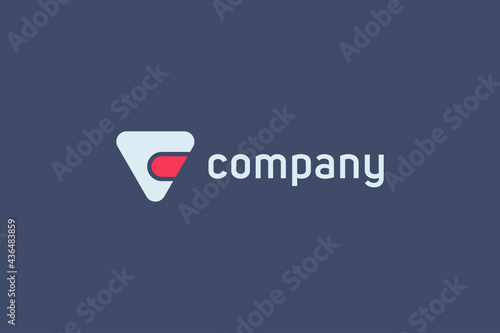 Abstract Initial Letter V and E Linked Logo. White and Red Geometric Triangular Rounded Shape isolated on Blue Background. Usable for Branding Logos. Flat Vector Logo Design Template Element.