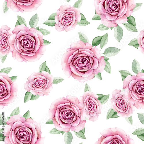 seamless floral pattern with delicate roses on a white background, watercolor illustration hand painted © Lana