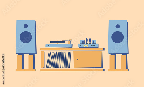 Vintage audio stereo system device for playing music on cabinet. Turntable vinyl records and tube amplifier, acoustic system. Musical device for music lover. Colorful flat vector illustration Isolated