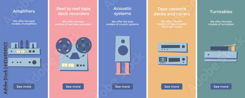 Vintage equipment for playing music set. Retro audio devices. Turntable. Amplifiers. Acoustic system. Reel to reel tape recorder. Am/Fm tuner. Cassette deck. Colorful flat isolated vector illustration