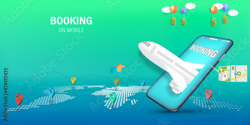 Travel Mobile Application , Travel Online booking on Website or smartphone as trip , transportation and Journey concept, Vector illustration.