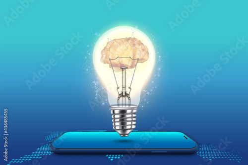 smartphone with brain bulb light isolated on blue background as idea, new technology and communication concept. vector illustration..