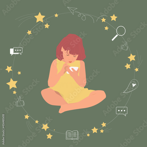 Child suffering from social media addiction. Girl using mobile phone. Vector illustration