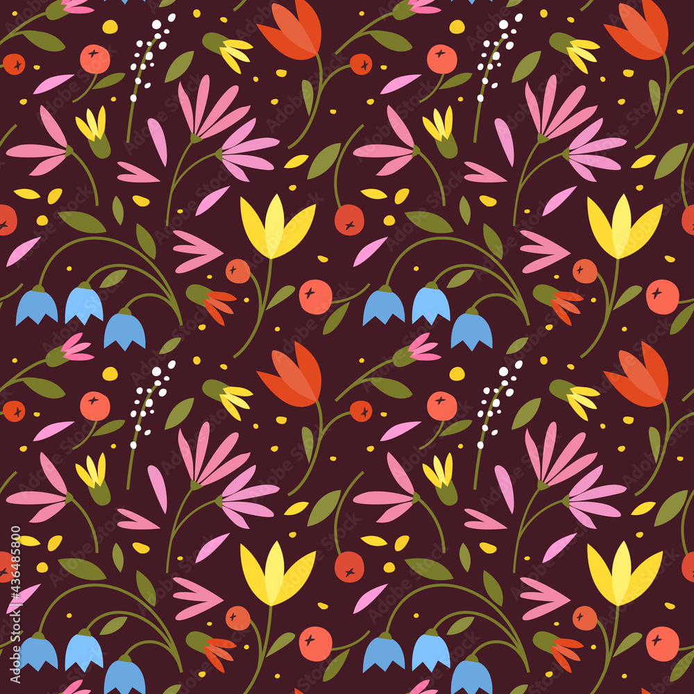 Cute seamless pattern with colorful small flowers. Small flowers on Dark background Cute seamless pattern with colorful small flowers. Small flowers on Dark background