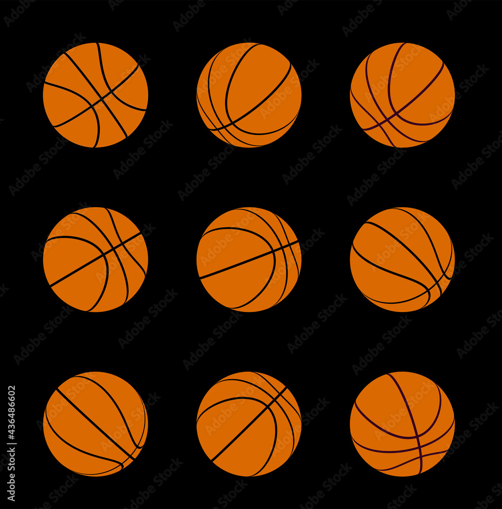 Set of basketball balls with different rotation angles. Vector 3d